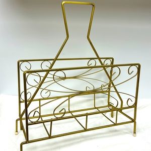 - Mid Century Modern gold tone metal scroll design  record/magazine rack